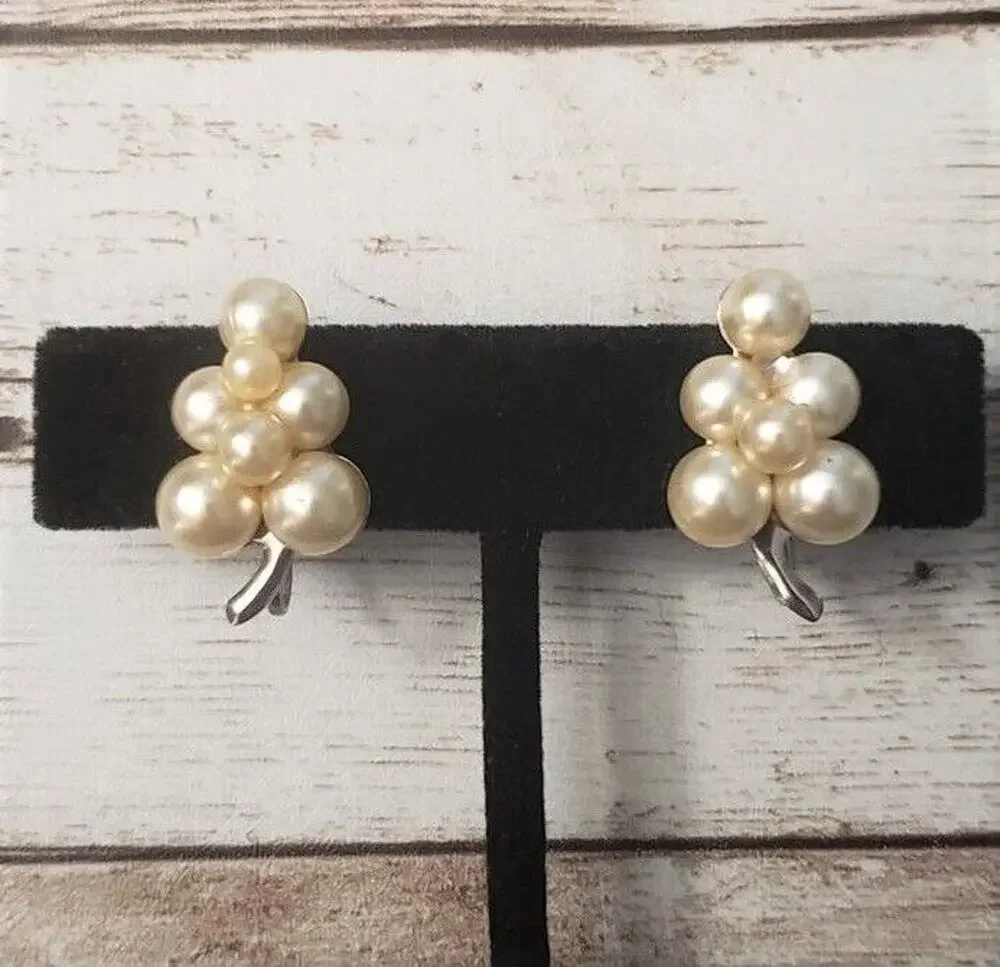 Vintage Screw Back Earrings Bunch of Faux Pearls - 1 Missing